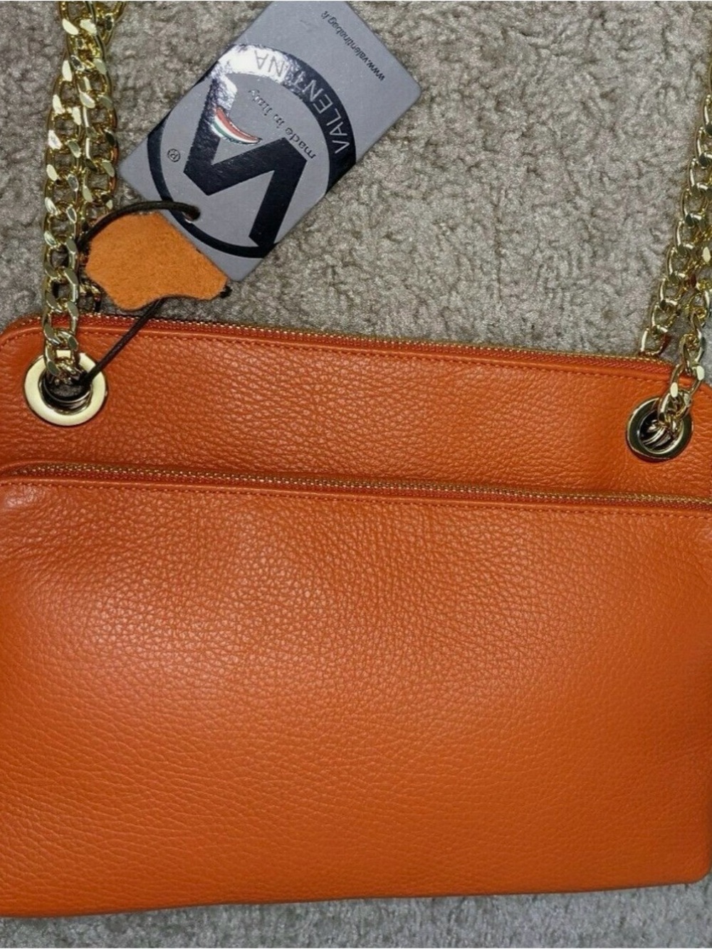 Valentina Orange Pebbled Leather Shoulder Bag with Gold Chain